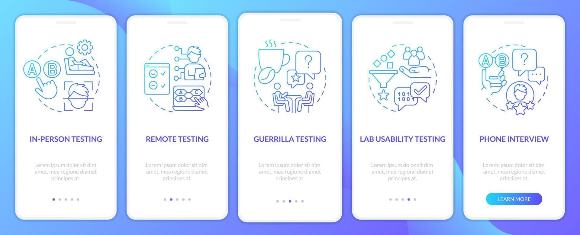 användare erfarenhet utvärdering blå lutning onboarding mobil app skärm. testning genomgång 5 steg grafisk instruktioner med linjär begrepp. ui, ux, gui mall vektor