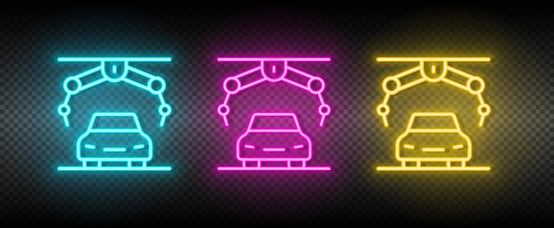 Versammlung Roboter, Automobil Roboter Neon- Symbol Satz. Technologie Vektor Illustration Neon- Blau, Gelb, rot Symbol einstellen