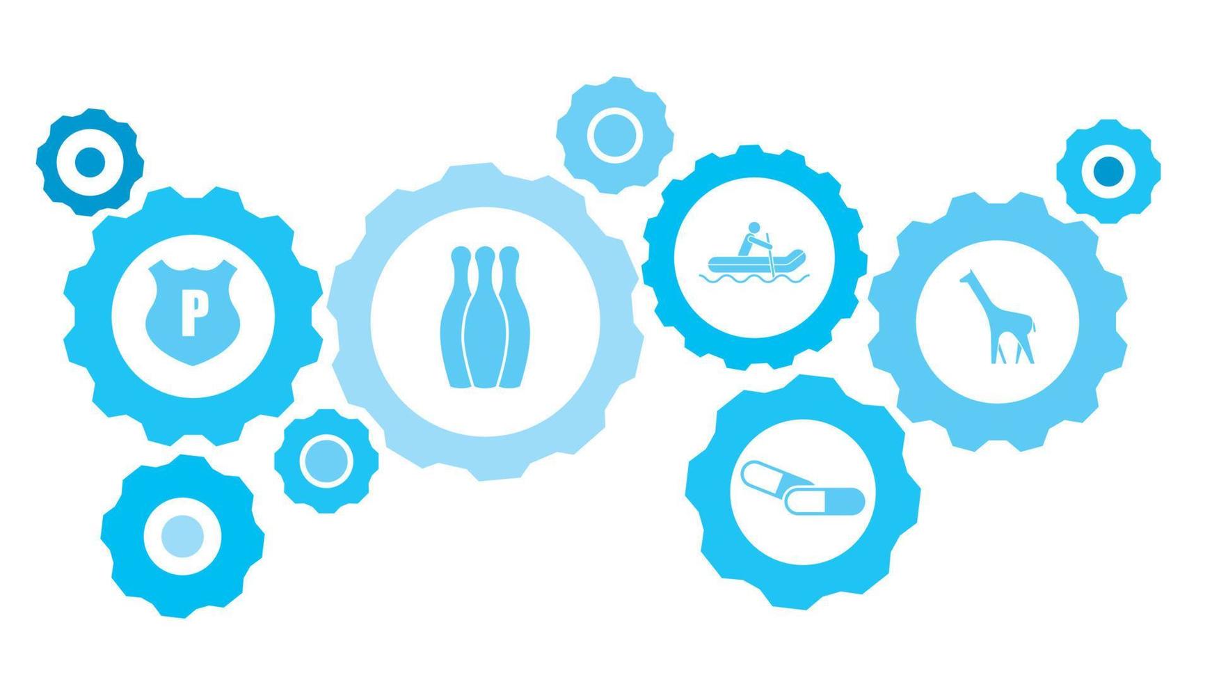 giraff redskap blå ikon uppsättning. abstrakt bakgrund med ansluten kugghjul och ikoner för logistik, service, frakt, distribution, transport, marknadsföra, kommunicera begrepp vektor