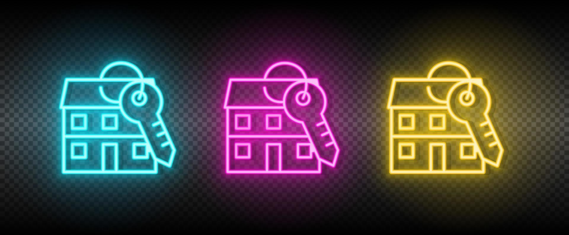 verklig egendom vektor boende, lägenhet, hus, nyckel. illustration neon blå, gul, röd ikon uppsättning
