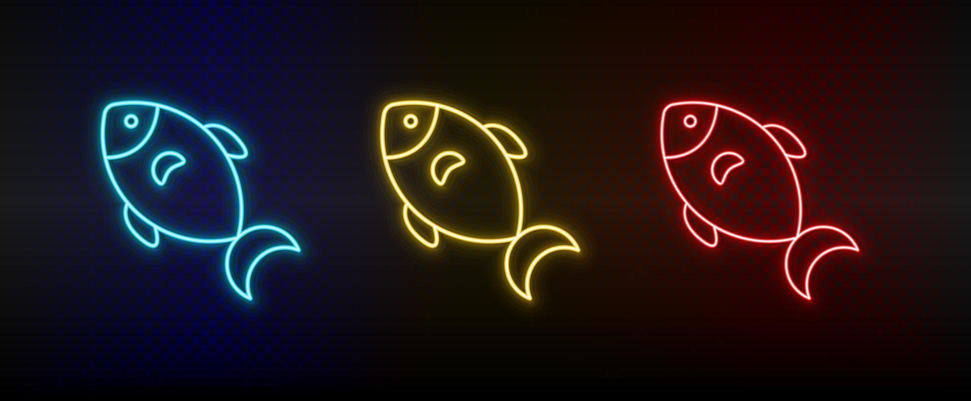 Neon- Symbol einstellen Fisch, Lebensmittel. einstellen von Rot, Blau, Gelb Neon- Vektor Symbol auf dunkel Hintergrund