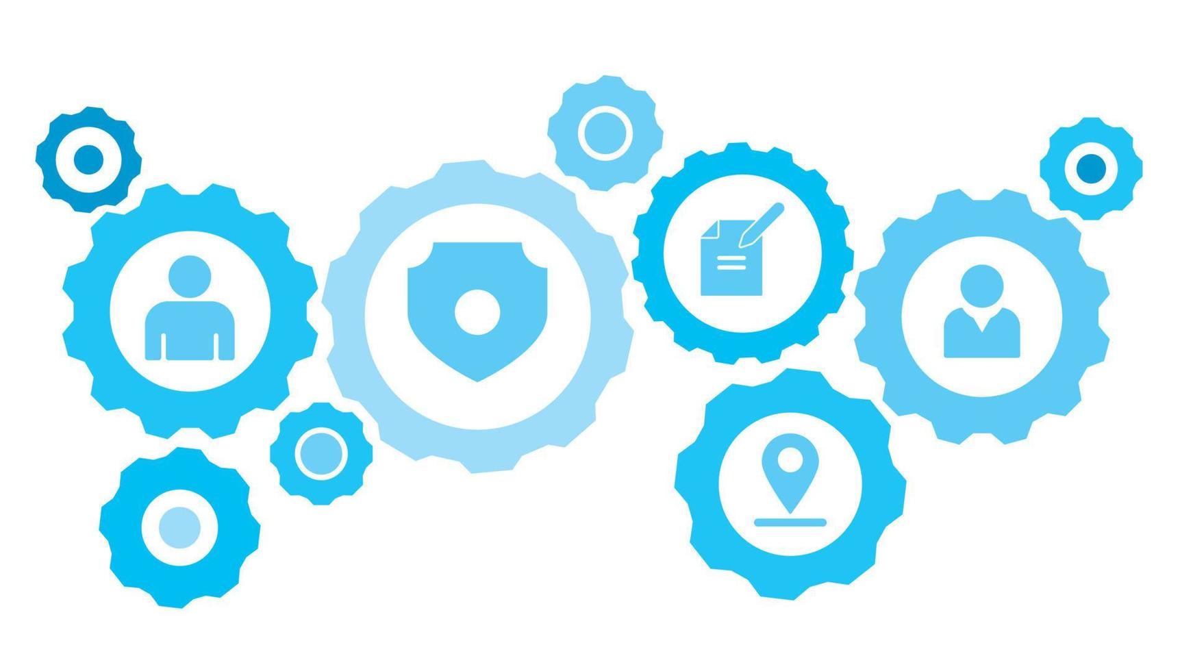 in Verbindung gebracht Getriebe und Vektor Symbole zum Logistik, Service, Versand, Verteilung, Transport, Markt, kommunizieren Konzepte. Benutzerbild, Benutzer Ausrüstung Blau Symbol einstellen auf Weiß Hintergrund