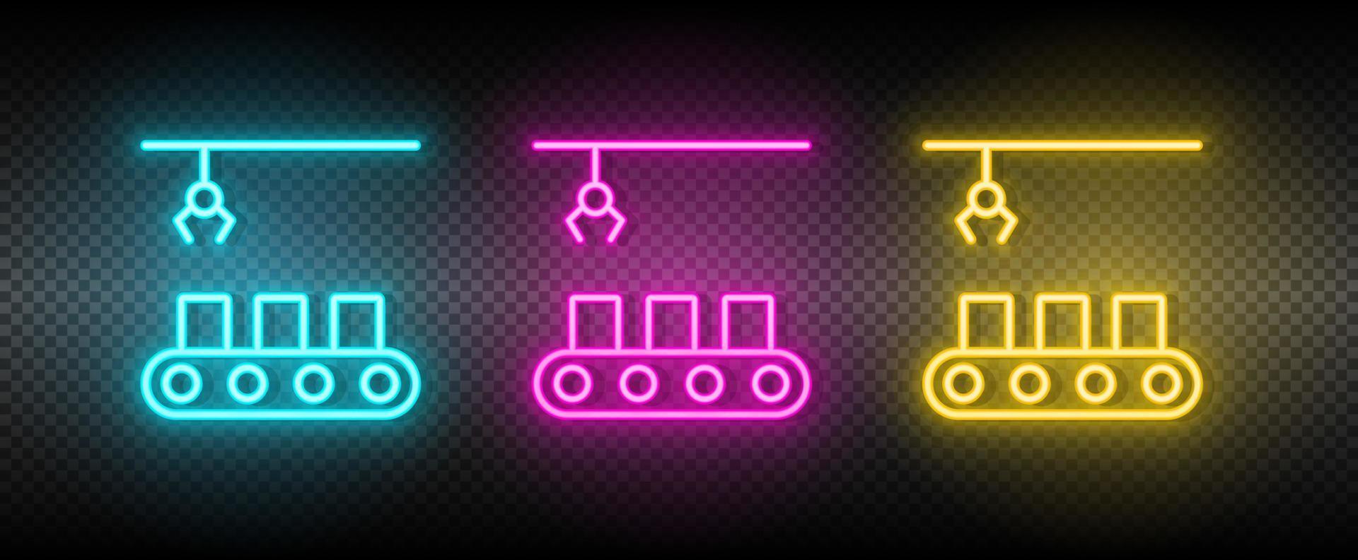 hydraulisch Arm, industriell Arm Neon- Symbol Satz. Technologie Vektor Illustration Neon- Blau, Gelb, rot Symbol einstellen