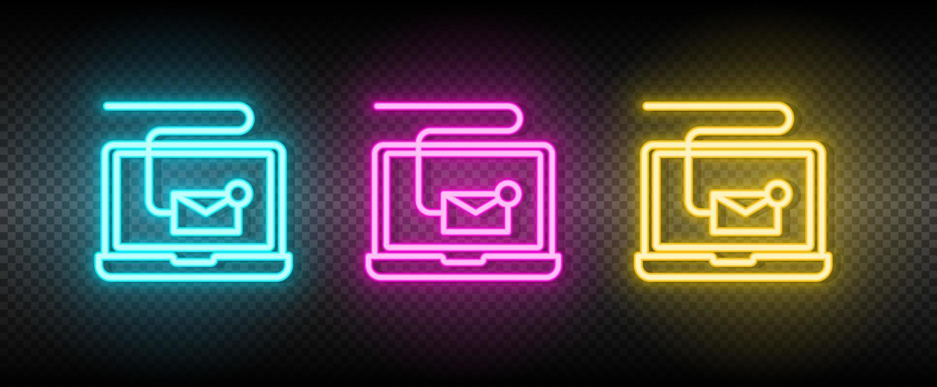 Digital, Email, Marketing Neon- Symbol Satz. Medien Marketing Vektor Illustration Neon- Blau, Gelb, rot Symbol einstellen