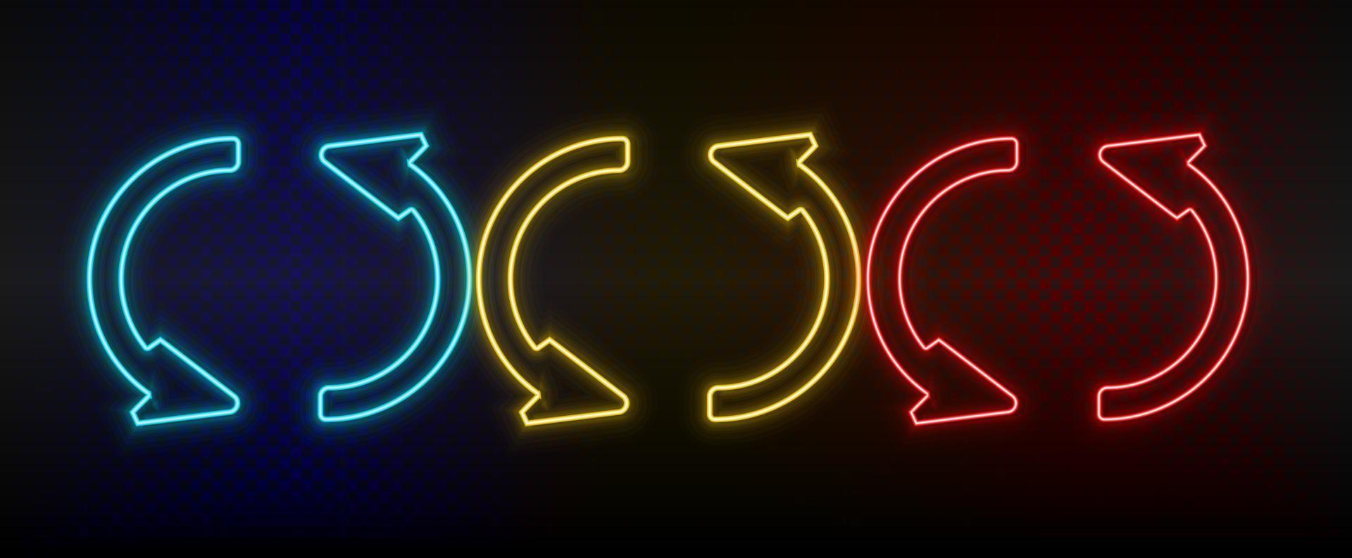 Neon- Symbol einstellen Wird geladen, Aktualisierung. einstellen von Rot, Blau, Gelb Neon- Vektor Symbol auf dunkel transparent Hintergrund