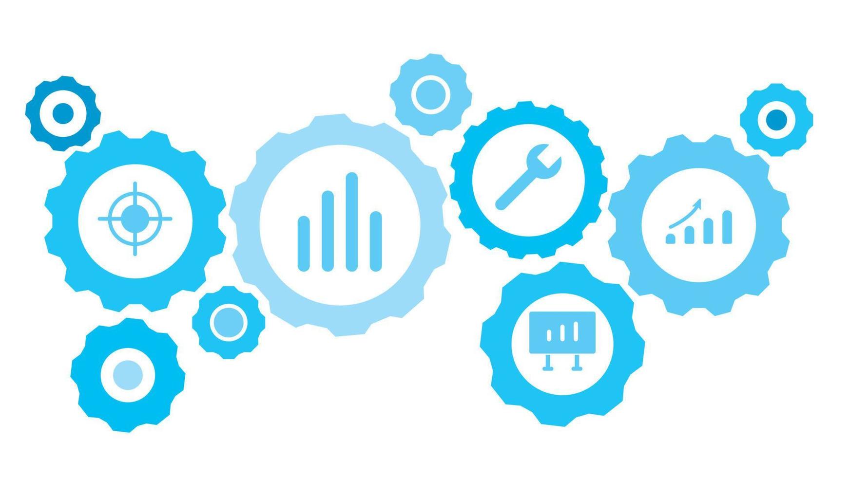 in Verbindung gebracht Getriebe und Vektor Symbole zum Logistik, Service, Versand, Verteilung, Transport, Markt, kommunizieren Konzepte. Analytik, Bar Diagramm Ausrüstung Blau Symbol einstellen auf Weiß Hintergrund