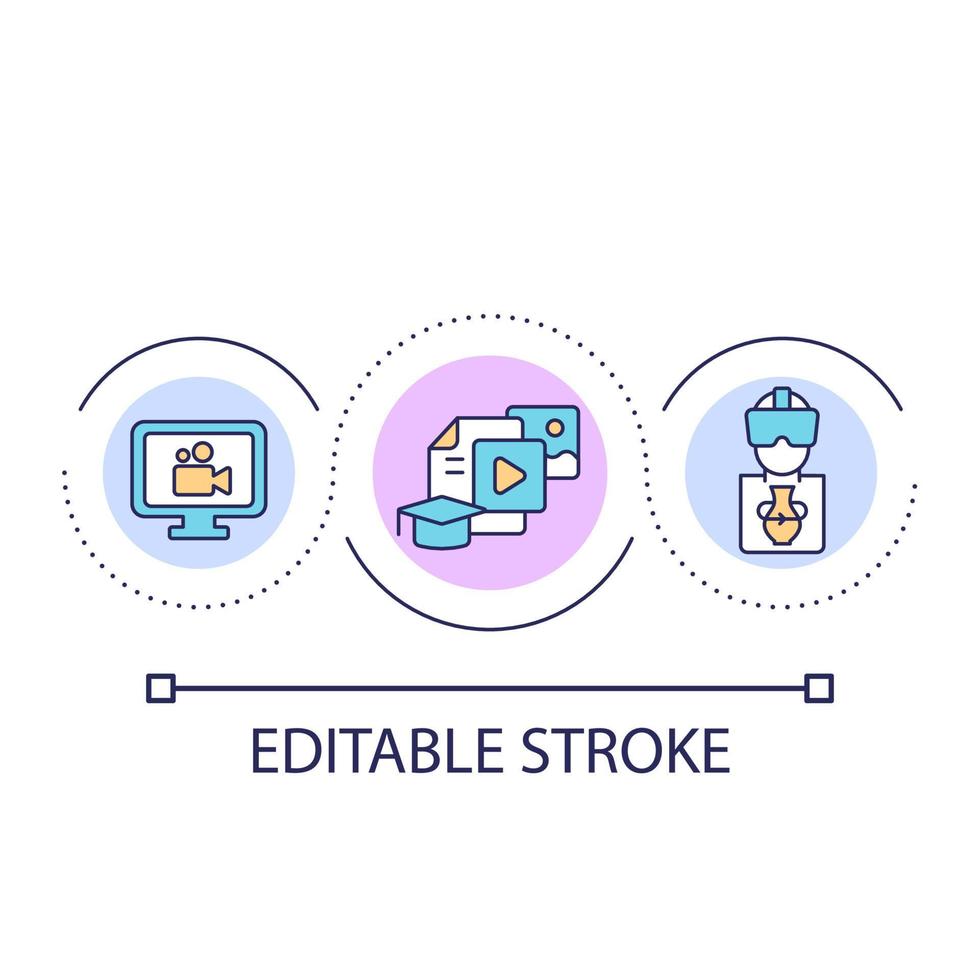 möjligheter till påverka varandra med innehåll slinga begrepp ikon. inlärning Resurser abstrakt aning tunn linje illustration. vr och video klasser. isolerat översikt teckning. redigerbar stroke vektor