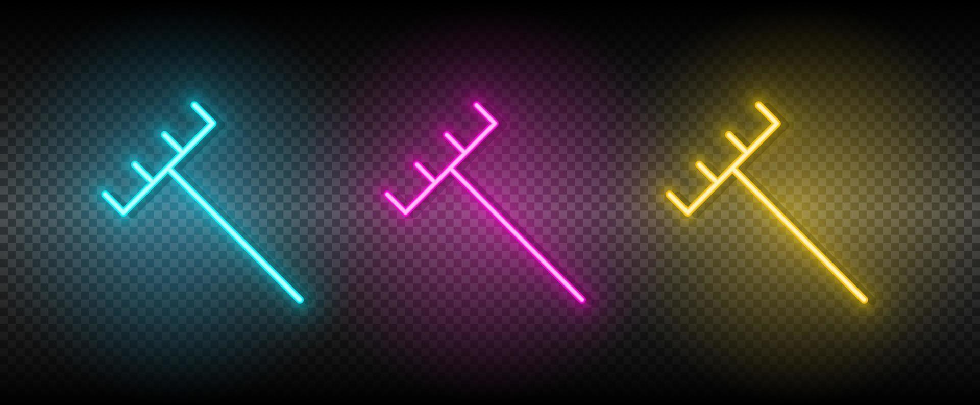 trädgård, räfsa vektor ikon gul, rosa, blå neon uppsättning. verktyg vektor ikon på mörk genomskinlighet bakgrund