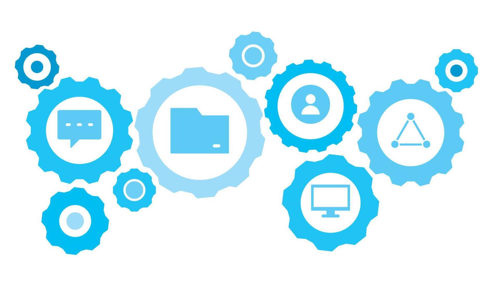 ansluten kugghjul och vektor ikoner för logistik, service, frakt, distribution, transport, marknadsföra, kommunicera begrepp. förbindelse, nätverk redskap blå ikon uppsättning på vit bakgrund