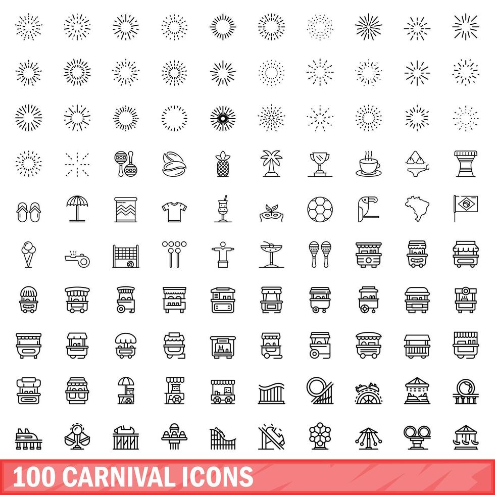 100 Karnevalssymbole gesetzt, Umrissstil vektor