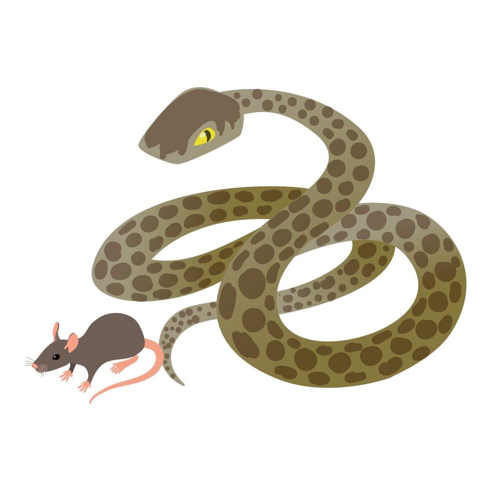 Jagd Schlange Symbol isometrisch Vektor. grau Maus in der Nähe von groß verbreitet Anakonda Symbol vektor