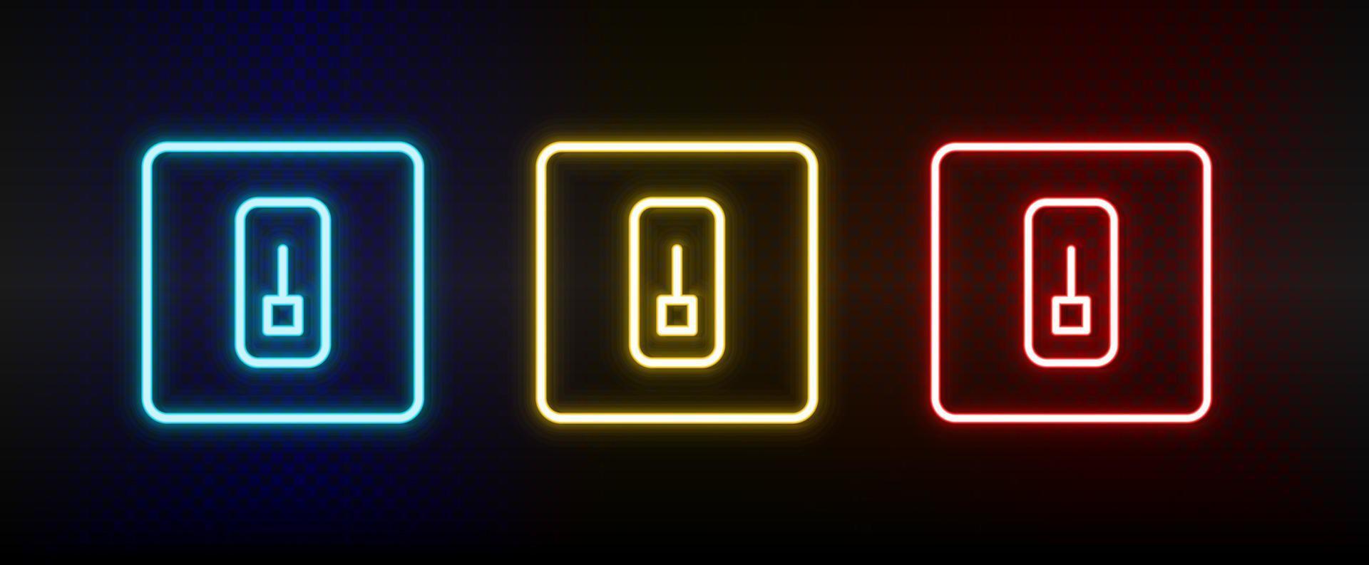 schalten, Switcher Neon- Symbol Satz. einstellen von Rot, Blau, Gelb Neon- Vektor Symbol auf dunkel transparent Hintergrund