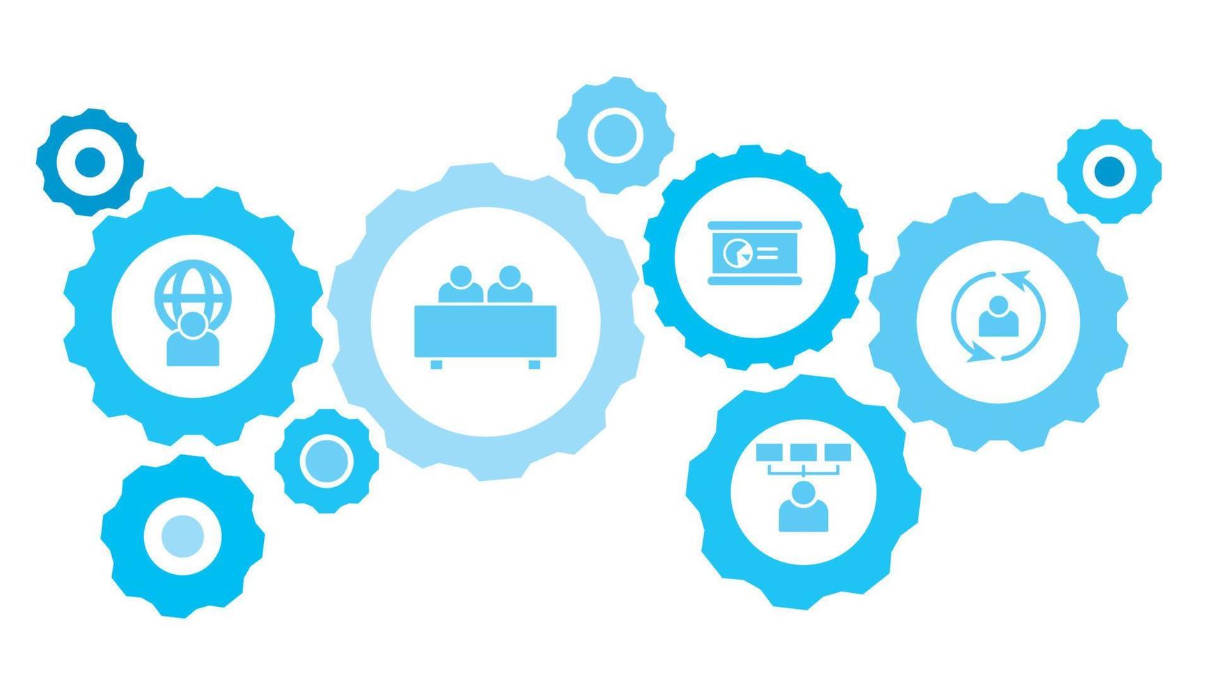 in Verbindung gebracht Getriebe und Vektor Symbole zum Logistik, Service, Versand, Verteilung, Transport, Markt, kommunizieren Konzepte. Benutzer, Aktualisierung Ausrüstung Blau Symbol einstellen auf Weiß Hintergrund