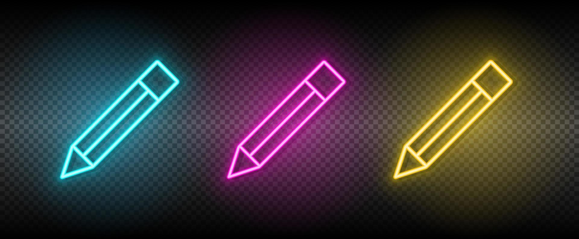 Bleistift Vektor Symbol Gelb, Rosa, Blau Neon- Satz. Werkzeuge Vektor Symbol auf dunkel Transparenz Hintergrund