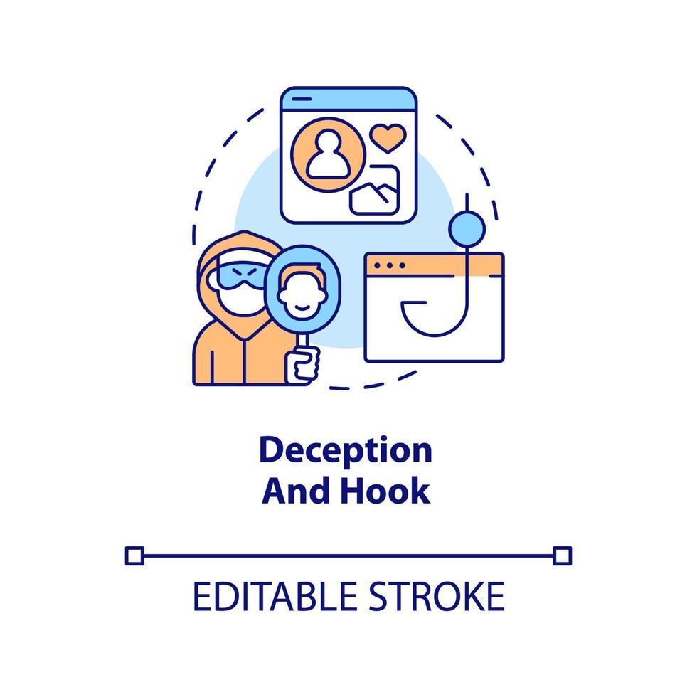 Täuschung und Haken Konzept Symbol. geheim Information. Digital Sicherheit abstrakt Idee dünn Linie Illustration. isoliert Gliederung Zeichnung. editierbar Schlaganfall vektor