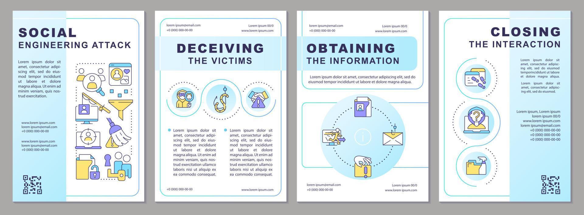 social teknik ge sig på blå broschyr mall. dataintrång. folder design med linjär ikoner. redigerbar 4 vektor layouter för presentation, årlig rapporter