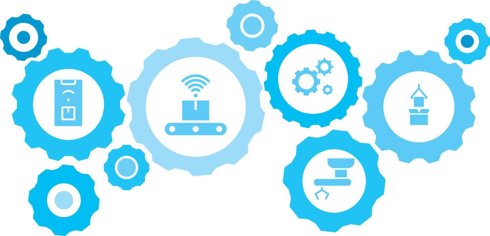 in Verbindung gebracht Getriebe und Vektor Symbole zum Logistik, Service, Versand, Verteilung, Transport, Markt, kommunizieren Konzepte. Masse, Produktion, Paket, Platzierung Ausrüstung Blau Symbol einstellen auf Weiß Hintergrund