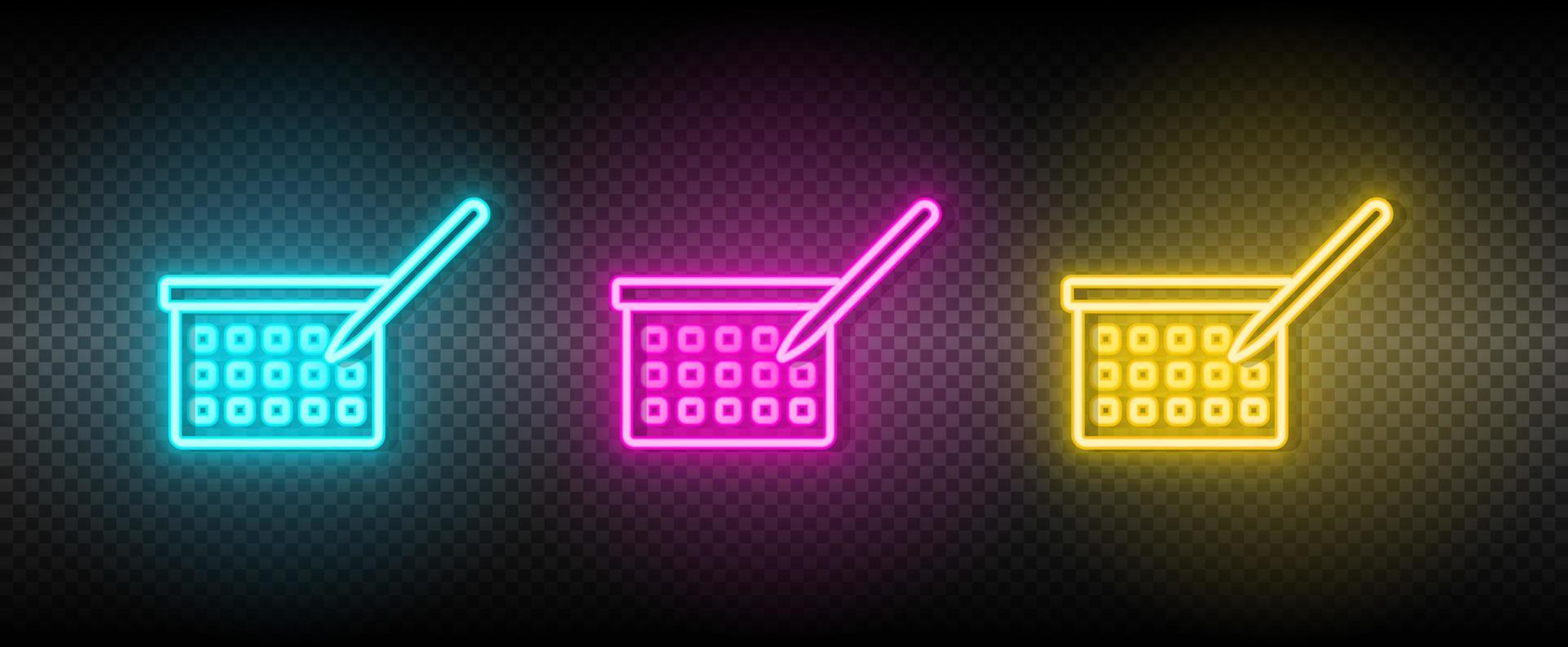 Einkaufen Korb, Kalender Neon- Symbol Satz. Medien Marketing Vektor Illustration Neon- Blau, Gelb, rot Symbol einstellen