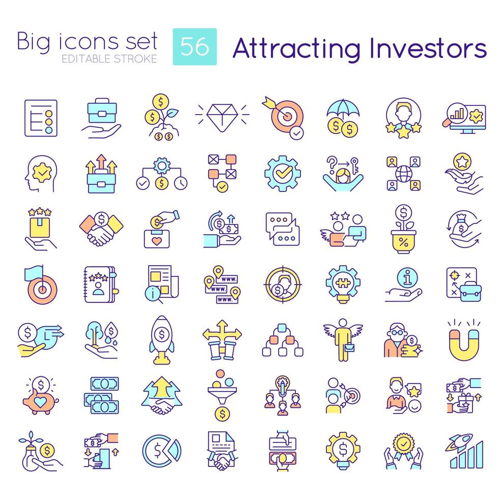 lockar investerare rgb Färg ikoner uppsättning. engagera finansiering. utveckla börja. isolerat vektor illustrationer. enkel fylld linje ritningar samling. redigerbar stroke