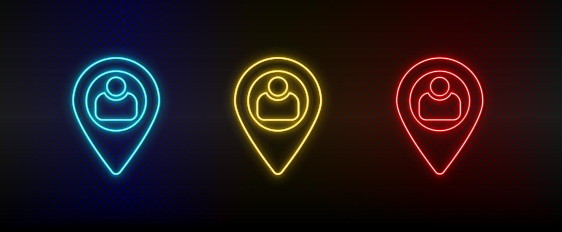 Neon- Symbol einstellen Benutzer, Standort. einstellen von Rot, Blau, Gelb Neon- Vektor Symbol auf dunkel transparent Hintergrund
