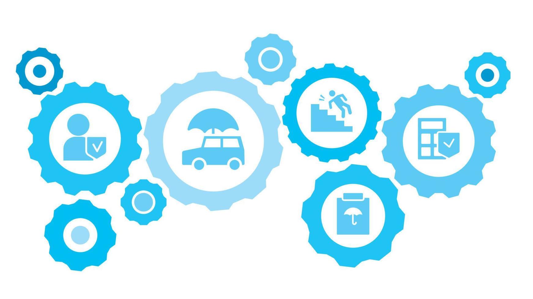ansluten kugghjul och ikoner för logistik, service, frakt, distribution, transport, marknadsföra, kommunicera begrepp. kalk, kalkylator, försäkring redskap blå ikon uppsättning på vit bakgrund vektor
