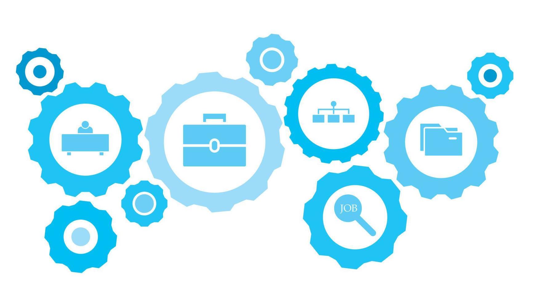 in Verbindung gebracht Getriebe und Vektor Symbole zum Logistik, Service, Versand, Verteilung, Transport, Markt, kommunizieren Konzepte. Ordner Ausrüstung Blau Symbol einstellen auf Weiß Hintergrund