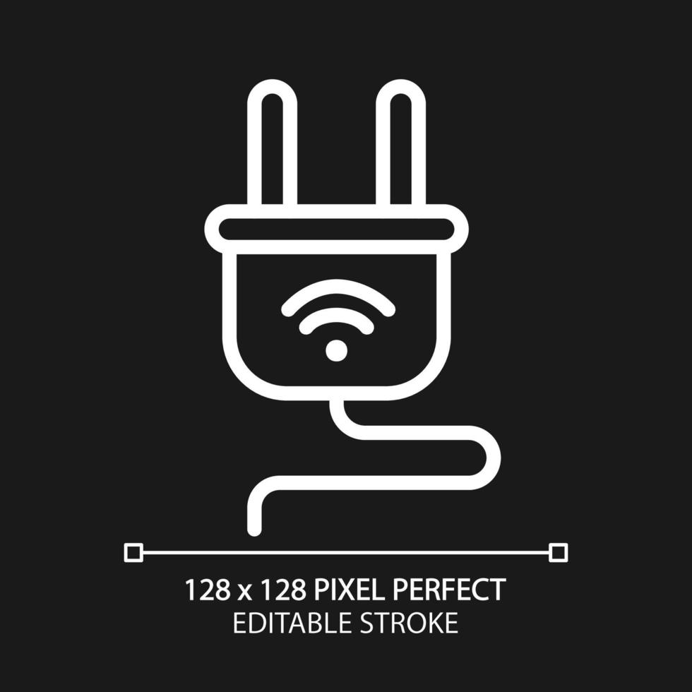 Clever Stecker Pixel perfekt Weiß linear Symbol zum dunkel Thema. Zuhause Gerät. automatisiert Gerät. Fernbedienung Steuerung mit Smartphone. dünn Linie Illustration. isoliert Symbol zum Nacht Modus. editierbar Schlaganfall vektor