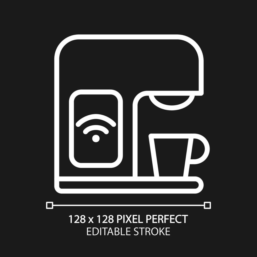 Clever Kaffee Maschine Pixel perfekt Weiß linear Symbol zum dunkel Thema. Internet von Dinge. Clever Zuhause Gerät. Energie Sparer. dünn Linie Illustration. isoliert Symbol zum Nacht Modus. editierbar Schlaganfall vektor