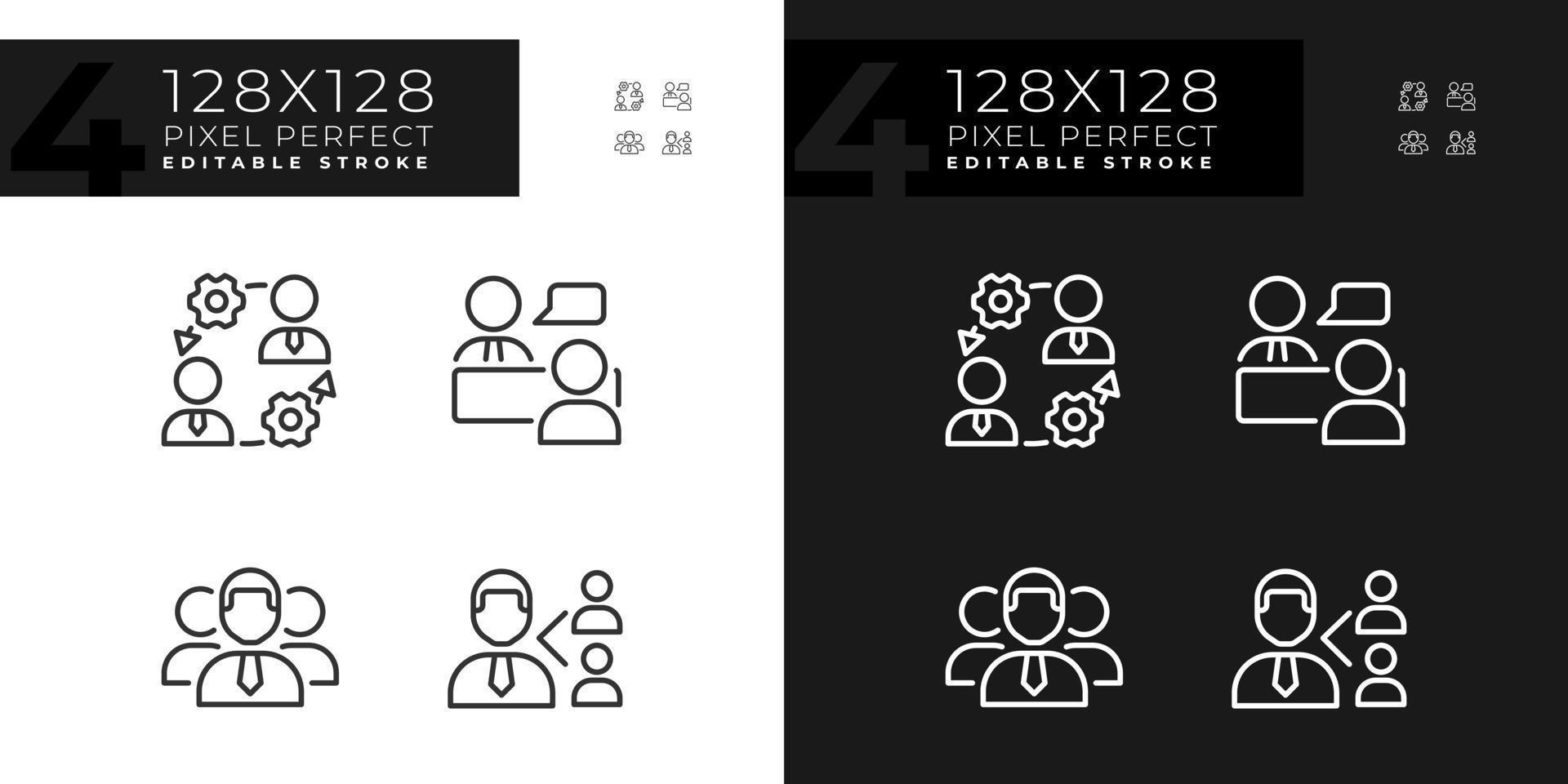 Zusammenarbeit Pixel perfekt linear Symbole einstellen zum dunkel, Licht Modus. Onboarding Verfahren. Job Interview. Verweisung Programm. dünn Linie Symbole zum Nacht, Tag Thema. isoliert Illustrationen. editierbar Schlaganfall vektor