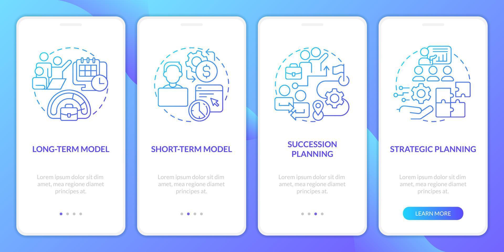 es Personal Modelle Blau Gradient Onboarding Handy, Mobiltelefon App Bildschirm. Einstellung Komplettlösung 4 Schritte Grafik Anleitung mit linear Konzepte. ui, ux, gui Vorlage vektor