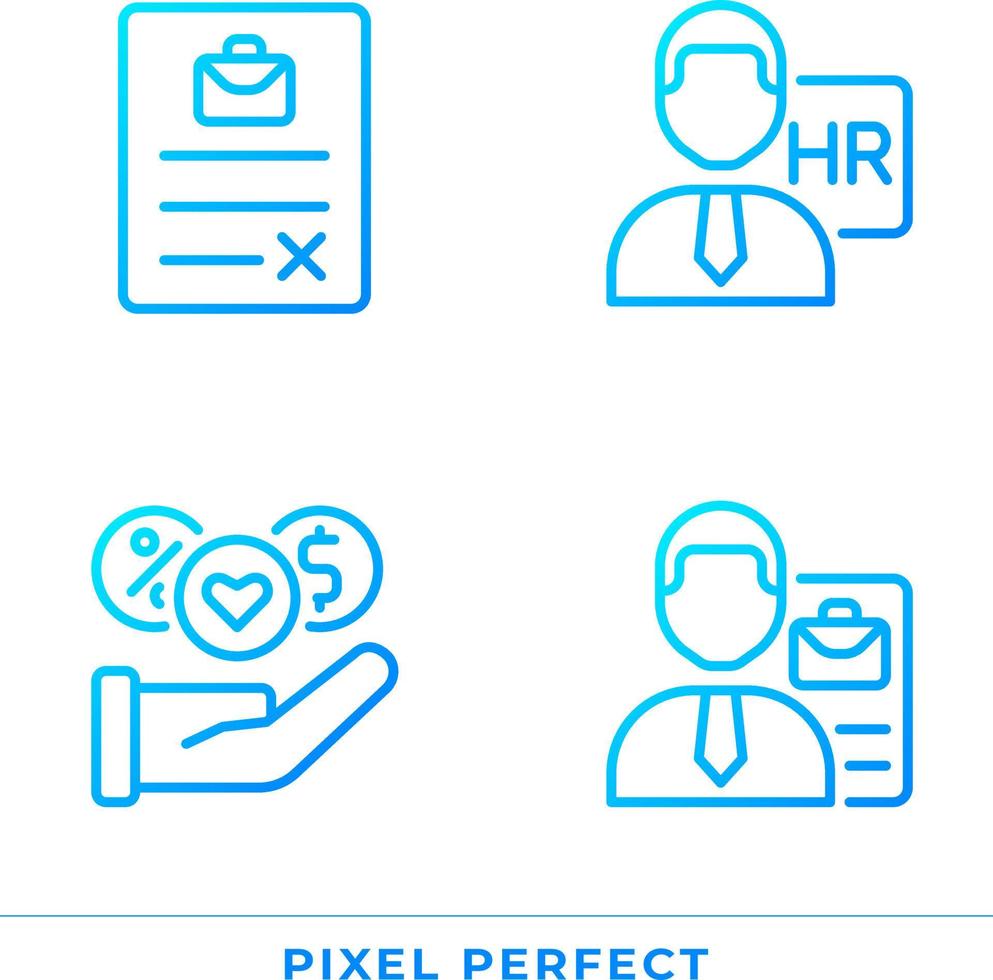 jobb placera fördelar pixel perfekt lutning linjär vektor ikoner uppsättning. mänsklig resurs chef. tecken avtal. tunn linje kontur symbol mönster bunt. isolerat översikt illustrationer samling