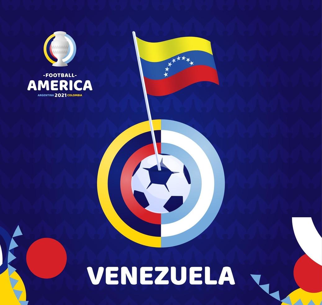 Venezuela Wellenfahne auf Stange und Fußball. Südamerika Fußball 2021 Argentinien Kolumbien Vektor-Illustration. Turniermuster Hintergrund vektor