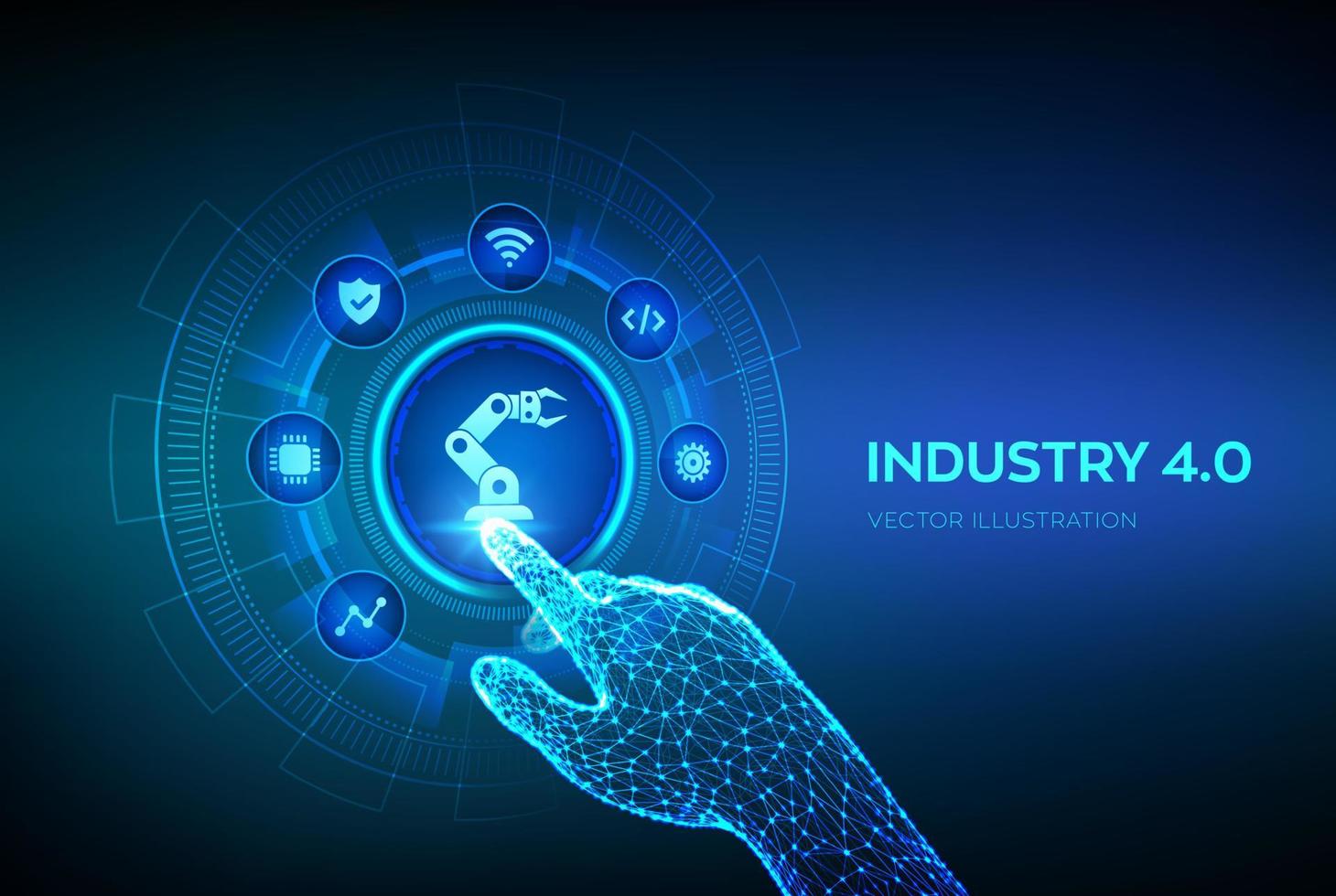 smart industri 4.0 koncept. fabriksautomation. autonom industriteknik. steg i industriella revolutioner. robothand som rör vid digitalt gränssnitt. vektor illustration.