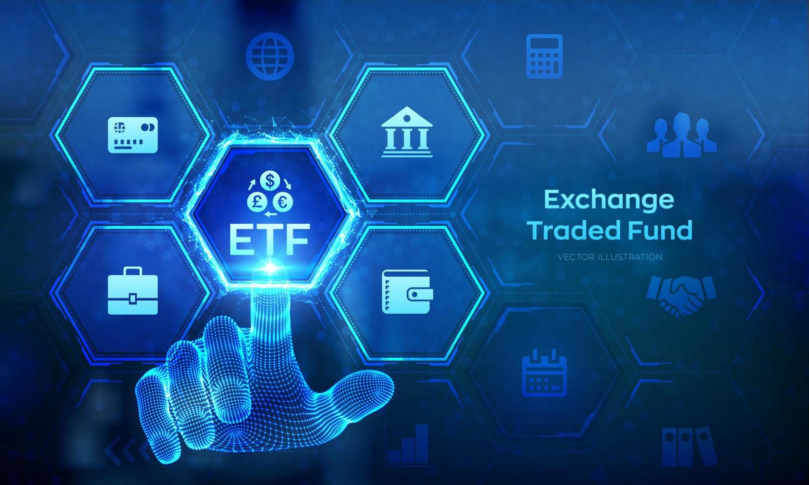 etf. utbyta handlas fond stock marknadsföra handel investering finansiell begrepp på virtuell skärm. stock marknadsföra index fond. företag tillväxt. trådmodell hand rörande digital gränssnitt. vektor illustration.