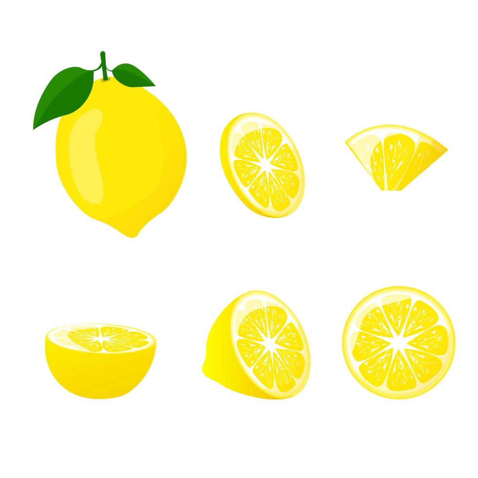 einstellen von Zitrone mit Grün Blatt, ganze und geschnitten, z Limonade Saft oder Vitamin Logo. zum Poster, Logos, Etiketten, Banner, Aufkleber, Produkt Verpackung Design, usw. Vektor Illustration