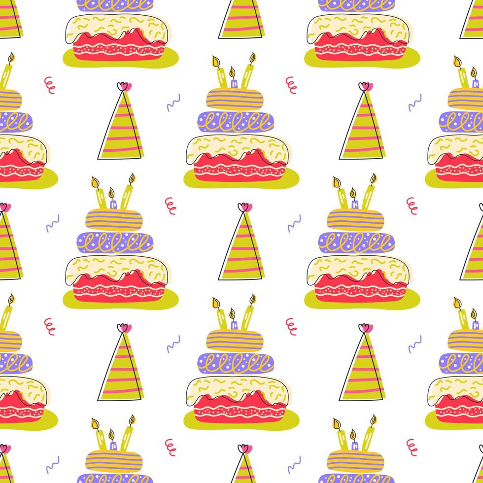 födelsedag kakor hand dragen sömlös mönster. hand dragen bakgrund för en fest. kaka vektor mönster