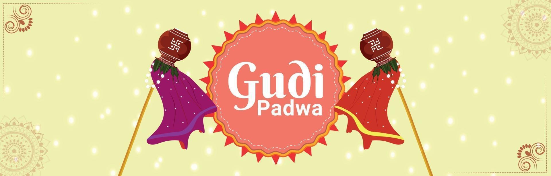 gudi padwa gratulationskort eller banner med traditionell kruka eller kalash vektor