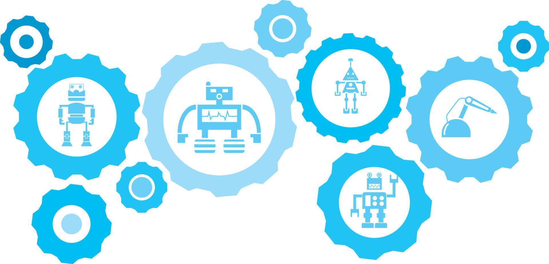 Roboter, Symbol, Technologie Blau Ausrüstung Satz. abstrakt Hintergrund mit in Verbindung gebracht Getriebe und Symbole zum Logistik, Service, Versand, Verteilung, Transport, Markt, kommunizieren Konzepte auf Weiß Hintergrund vektor