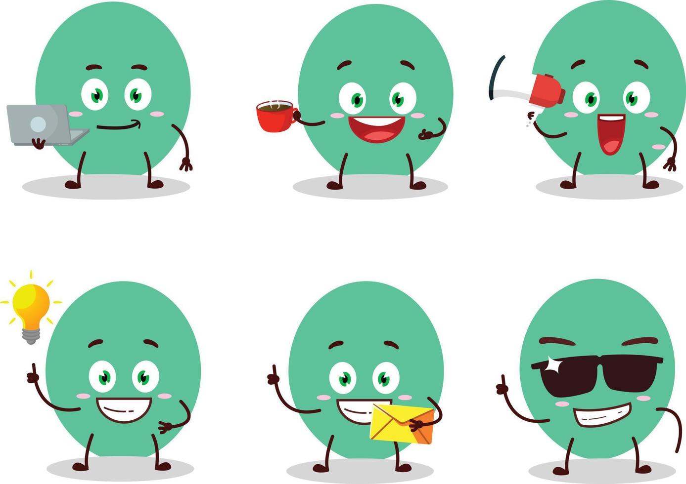 grön ballong tecknad serie karaktär med olika typer av företag uttryckssymboler vektor