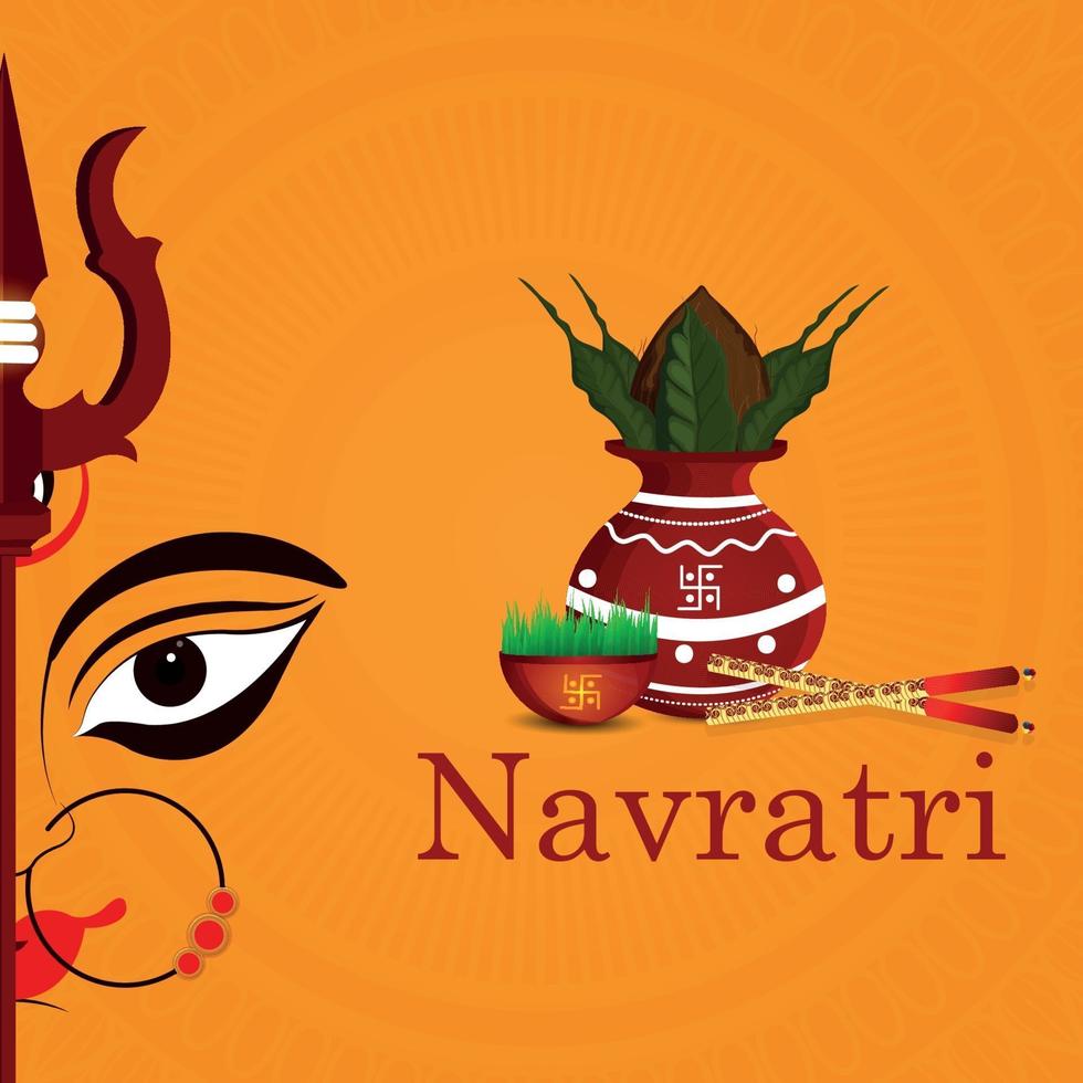 glückliche navratri Feiergrußkarte mit Gesichtsillustration der Göttin Durga mit kreativem Kalash vektor