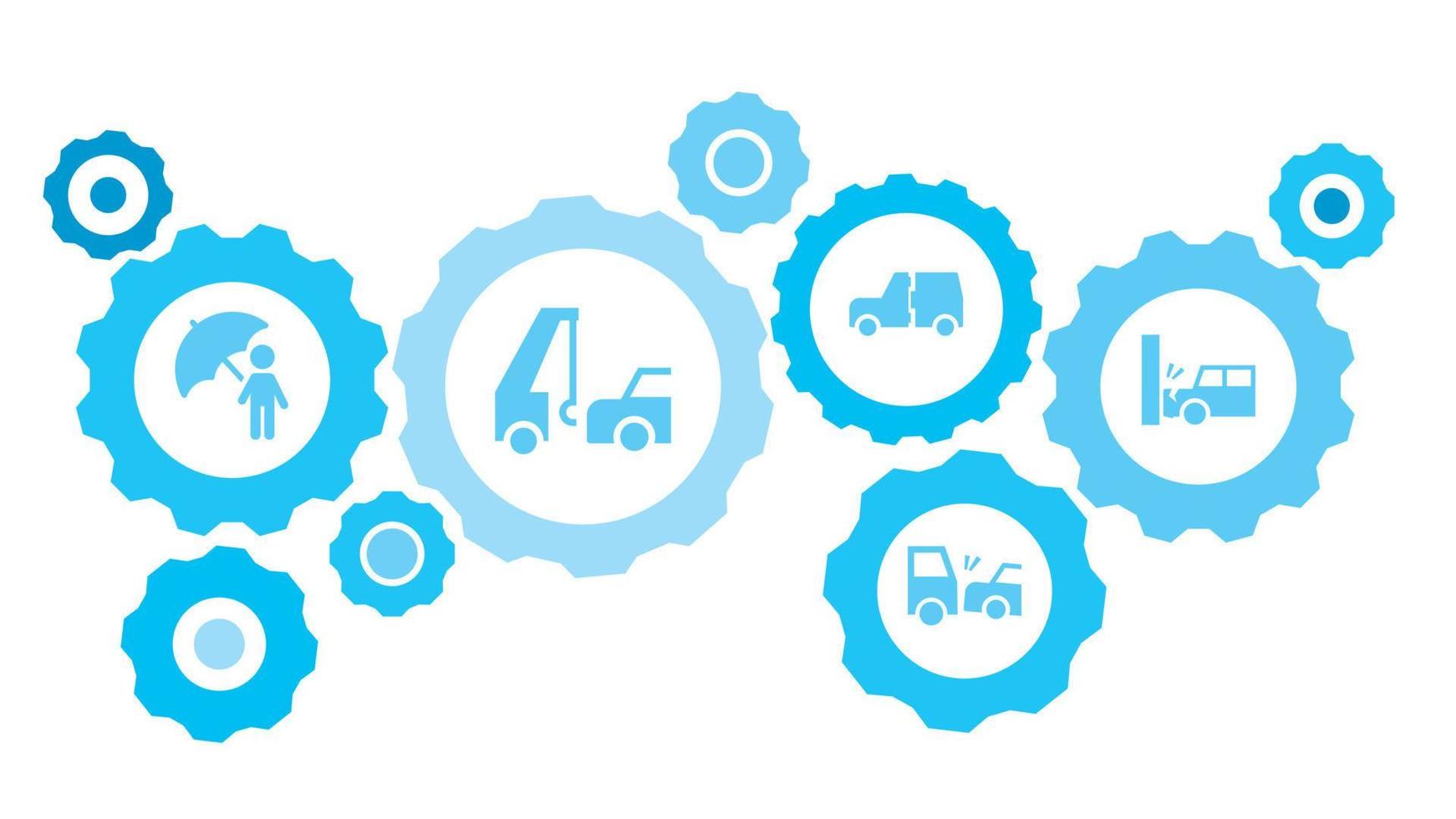 ansluten kugghjul och ikoner för logistik, service, frakt, distribution, transport, marknadsföra, kommunicera begrepp. bil, bil, kollision, träffa redskap blå ikon uppsättning på vit bakgrund vektor