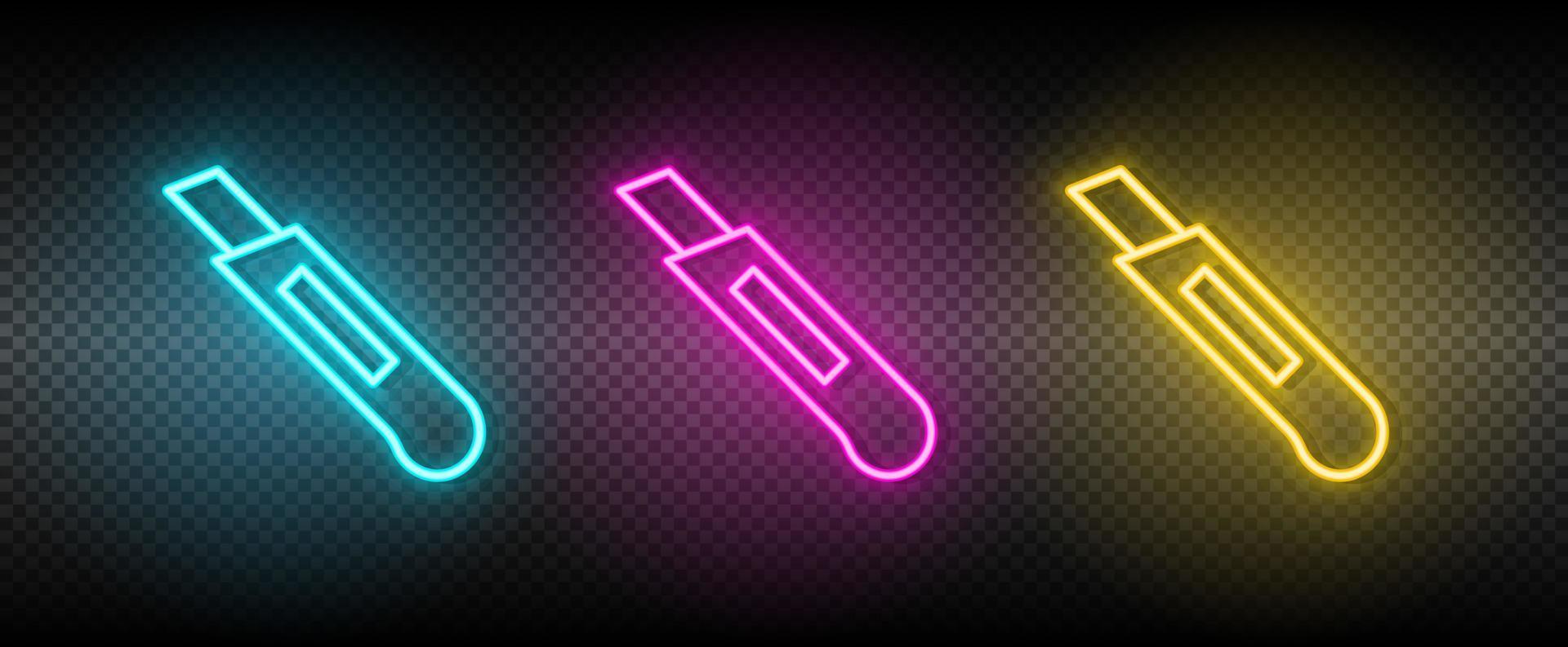 ingenjör, kniv vektor ikon gul, rosa, blå neon uppsättning. verktyg vektor ikon på mörk genomskinlighet bakgrund