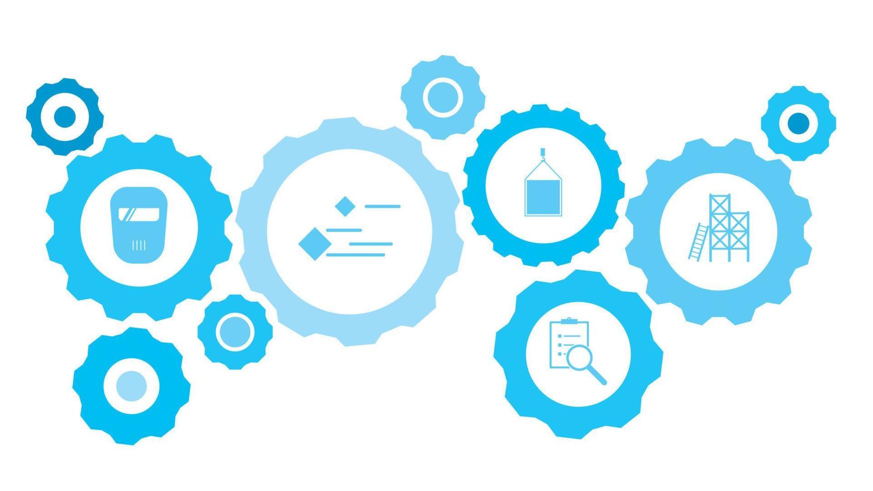 in Verbindung gebracht Getriebe und Vektor Symbole zum Logistik, Service, Versand, Verteilung, Transport, Markt, kommunizieren Konzepte. Arbeitskräfte, Reparatur Ausrüstung Blau Symbol einstellen Symbol auf dunkel Hintergrund