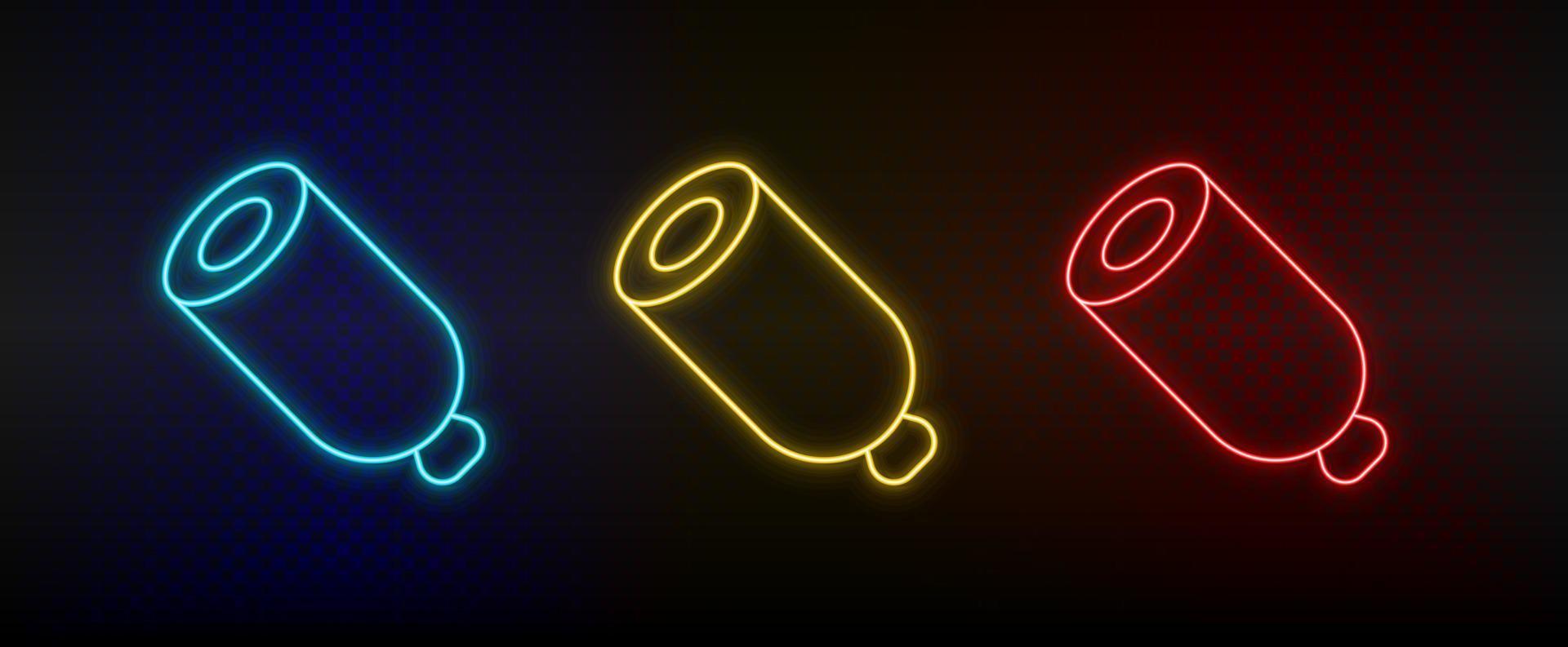 Neon- Symbol einstellen Wurst, Mahlzeit. einstellen von Rot, Blau, Gelb Neon- Vektor Symbol auf dunkel Hintergrund