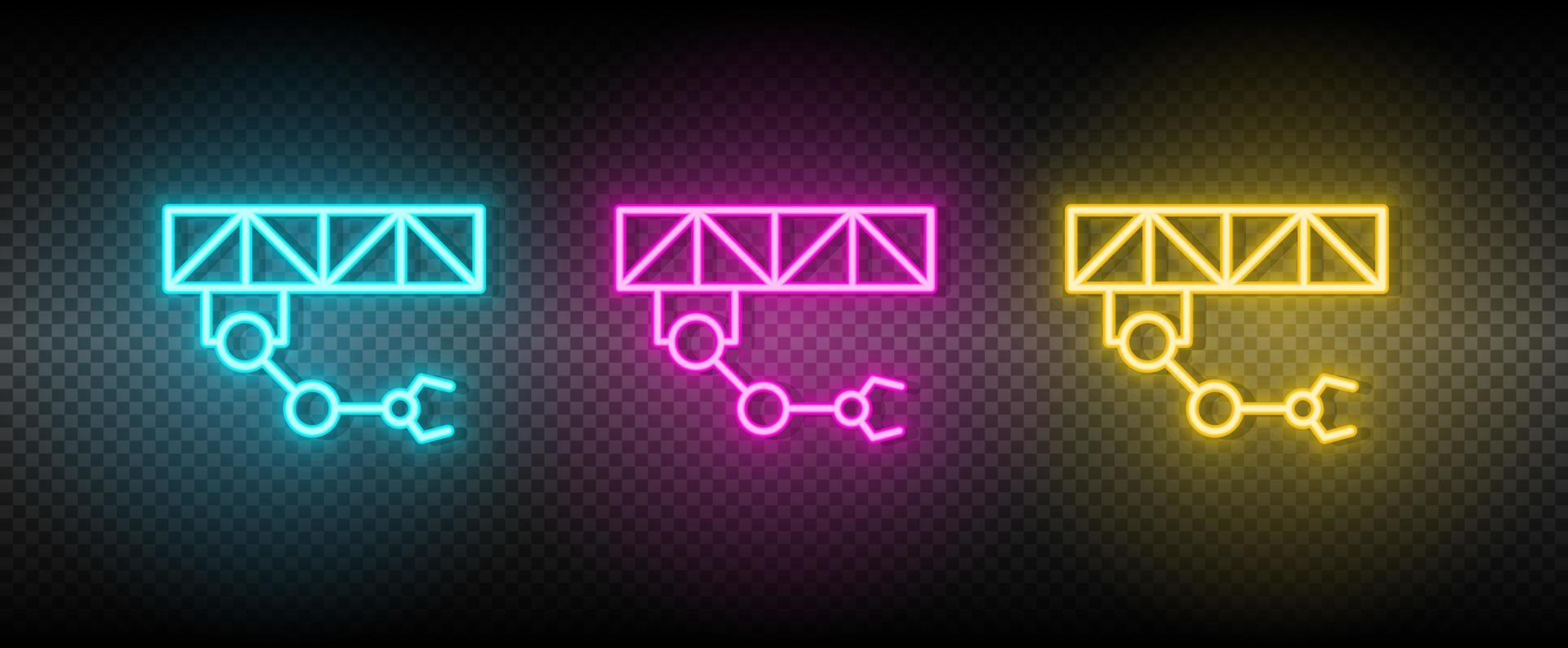 Kran Roboter, industriell Arm Neon- Symbol Satz. Technologie Vektor Illustration Neon- Blau, Gelb, rot Symbol einstellen