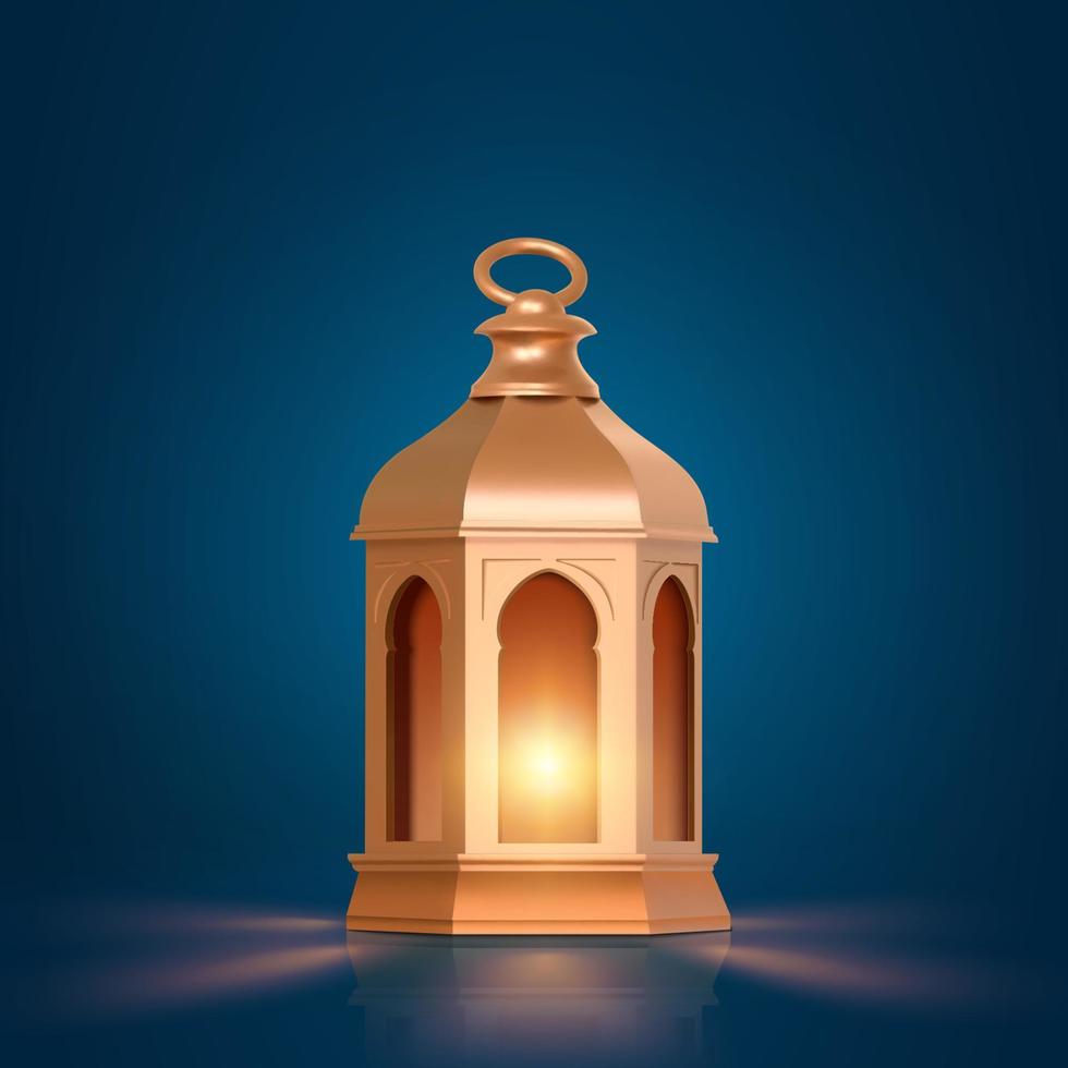 3d illustration av fanoos, fanös, eller arabicum ramadan lykta i gyllene metall textur design. religiös objekt isolerat på mörk blå bakgrund. vektor