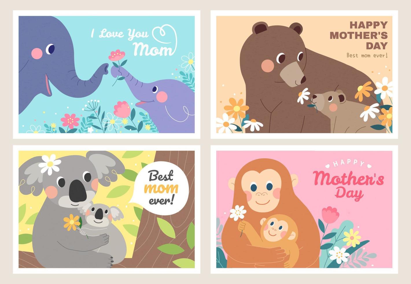härlig djur fira mors dag. barn av de elefant, Björn, koala, och apa leverera blommor till deras mödrar. illustration designad i platt. vektor