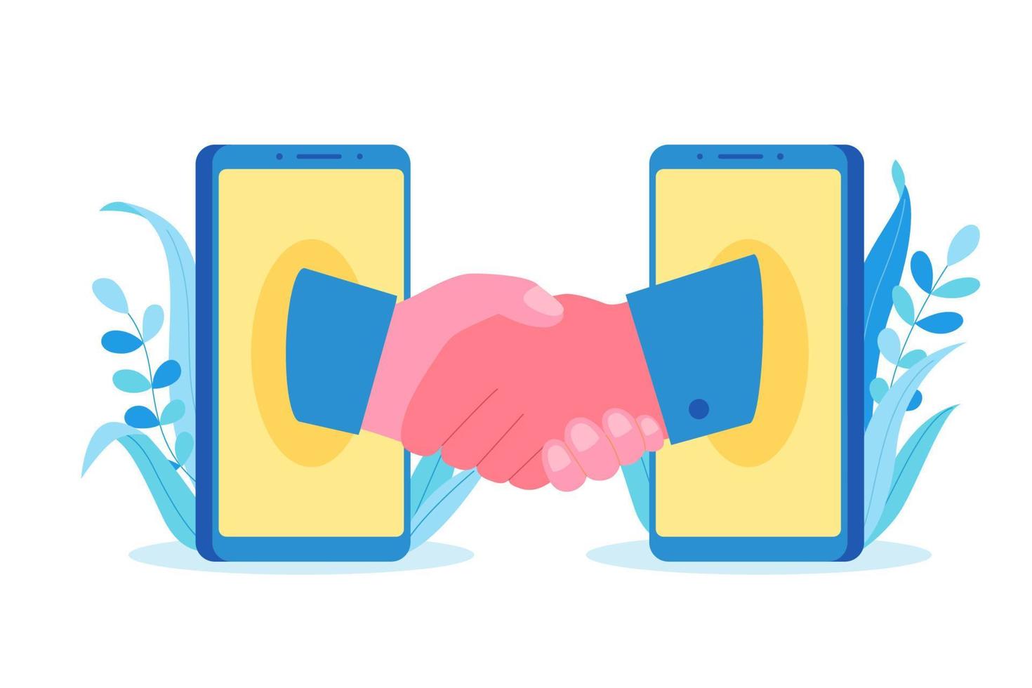 platt illustration av två händer skakning genom telefon skärmar. begrepp av digital företag partnerskap eller samarbete. vektor