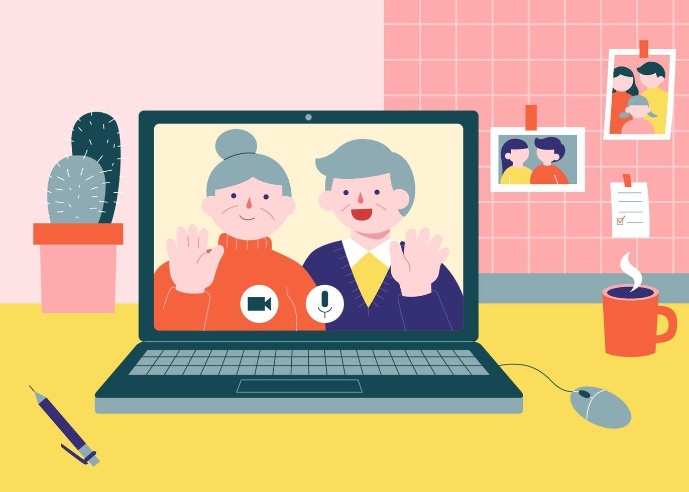 platt illustration av senior människor video kallelse på bärbar dator. begrepp av förvaring i Rör med familj under covid karantän. vektor
