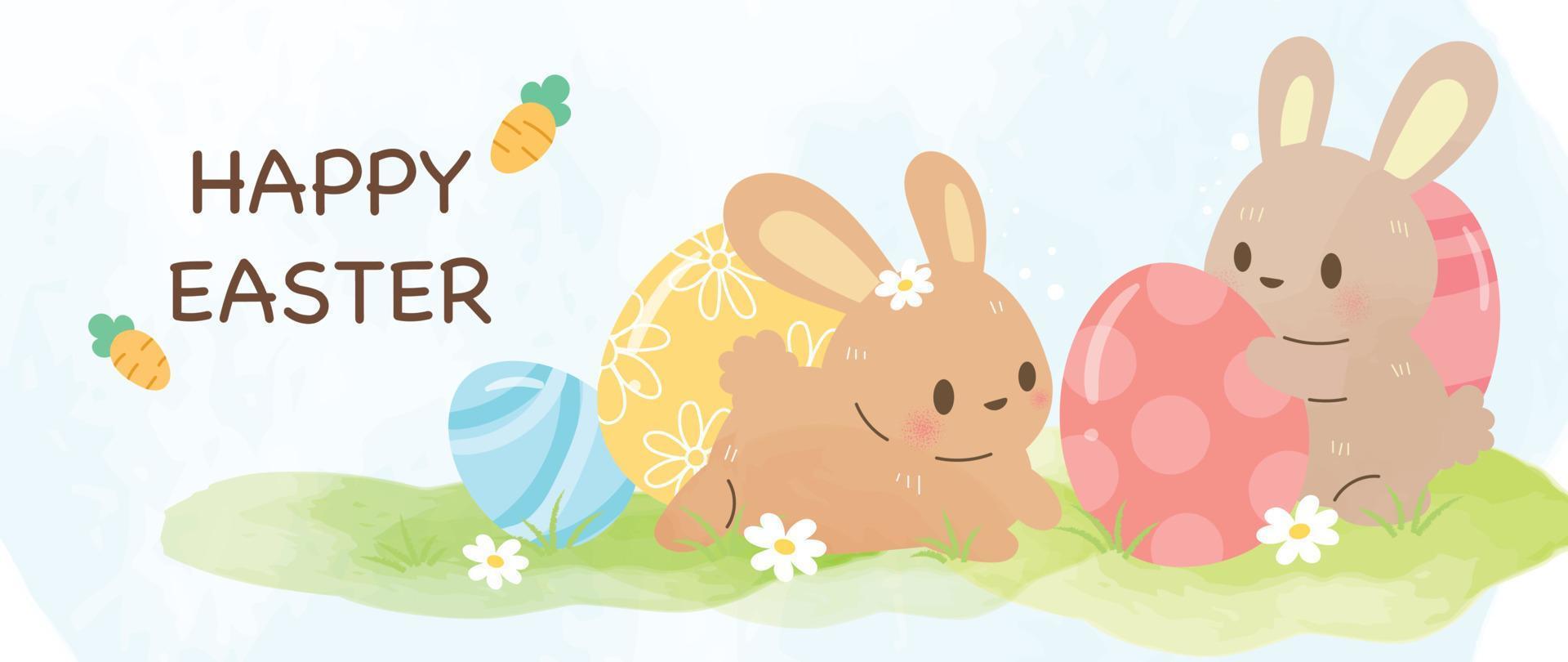 glücklich Ostern Aquarell Hintergrund Vektor. Hand gezeichnet flauschige süß Kaninchen spielen mit glänzend Ostern Eier im Garten, Blume, Karotte. bezaubernd Gekritzel Design zum dekorativ, Karte, Kinder, Banner, Poster. vektor